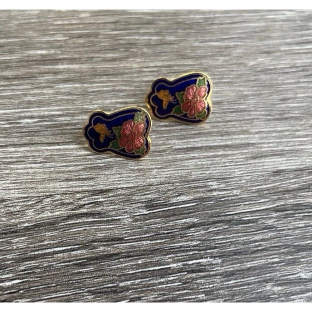 Vintage Cloisonne Earrings 70s Enamel Butterfly Floral Pin Post Backs
